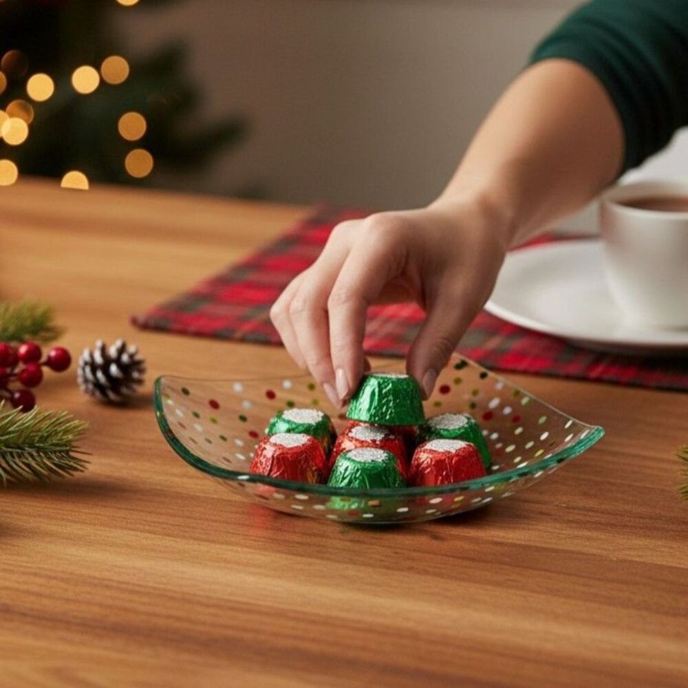 Pampered Chef Holiday Dots Square Bowl 9.75" Glass Christmas Serving Dish 3010